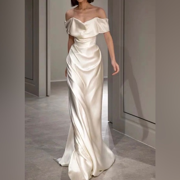 Dresses & Skirts - Elegant Ivory Satin Off-shoulder Bridal Dress